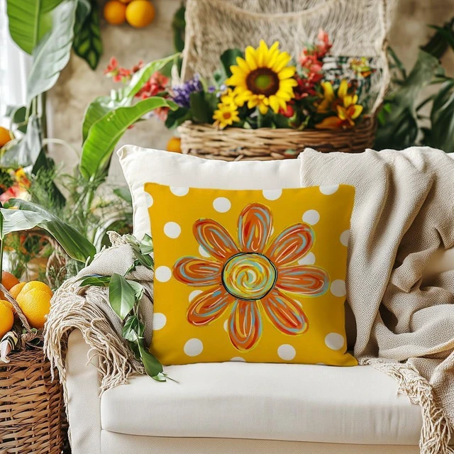 Alt view image 3 of 7 - Summer Pillow Cover 16x16 Set of 2,Watercolor Flower Decor Farmhouse Seasonal Pillow Case Decorations for Home Sofa Couch (Yellow