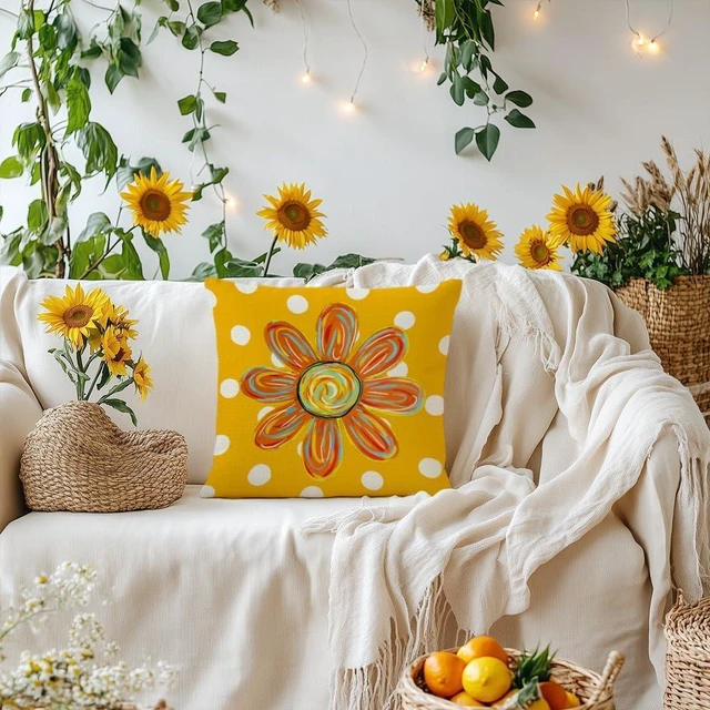 Alt view image 5 of 7 - Summer Pillow Cover 16x16 Set of 2,Watercolor Flower Decor Farmhouse Seasonal Pillow Case Decorations for Home Sofa Couch (Yellow