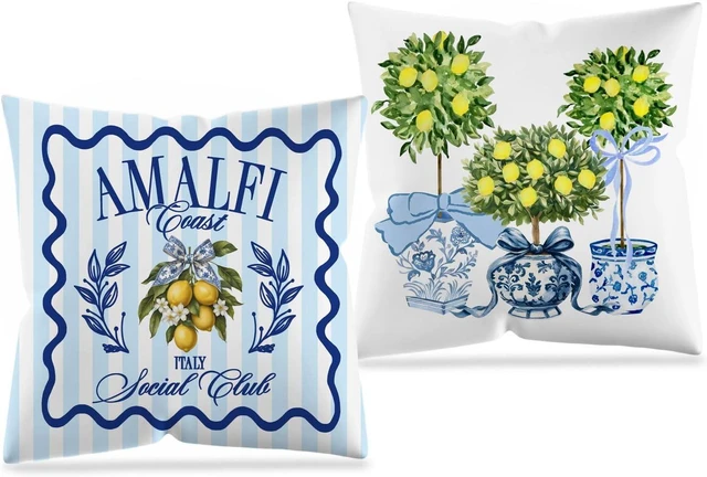 Main image of Amalfi Coast Decor Italy Lemon Coastal Pillow Covers 18x18 Double-Sided,Mediterranean Home Decor,Blue Chinoiserie Bow Lemon Decorative Throw Pillow Covers for Home Bedroom Living Room,Set of 2