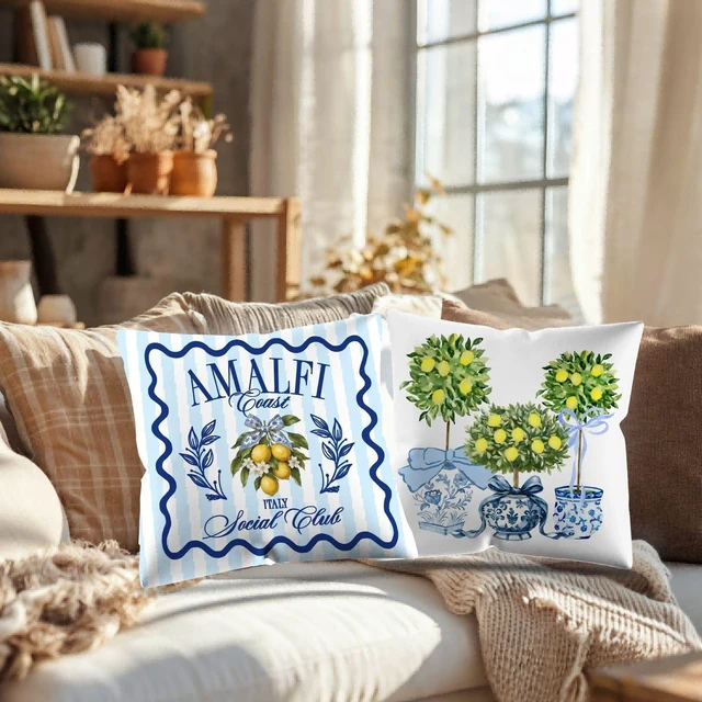 Alt view image 3 of 6 - Amalfi Coast Decor Italy Lemon Coastal Pillow Covers 18x18 Double-Sided,Mediterranean Home Decor,Blue Chinoiserie Bow Lemon Decorative Throw Pillow Covers for Home Bedroom Living Room,Set of 2