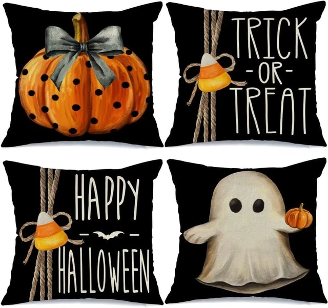 Main image of Halloween Pillow Covers 18x18 inch Set of 4 Trick or Treat Pumpkin Ghost Throw Pillow Covers for Fall Halloween Decorations Halloween Party Pillows Decorative Pillow Covers for Couch Sofa