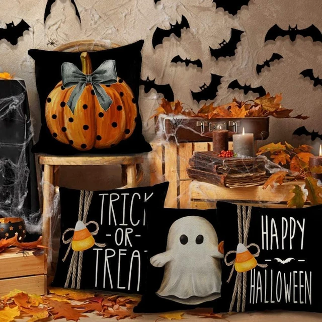 Alt view image 4 of 5 - Halloween Pillow Covers 18x18 inch Set of 4 Trick or Treat Pumpkin Ghost Throw Pillow Covers for Fall Halloween Decorations Halloween Party Pillows Decorative Pillow Covers for Couch Sofa