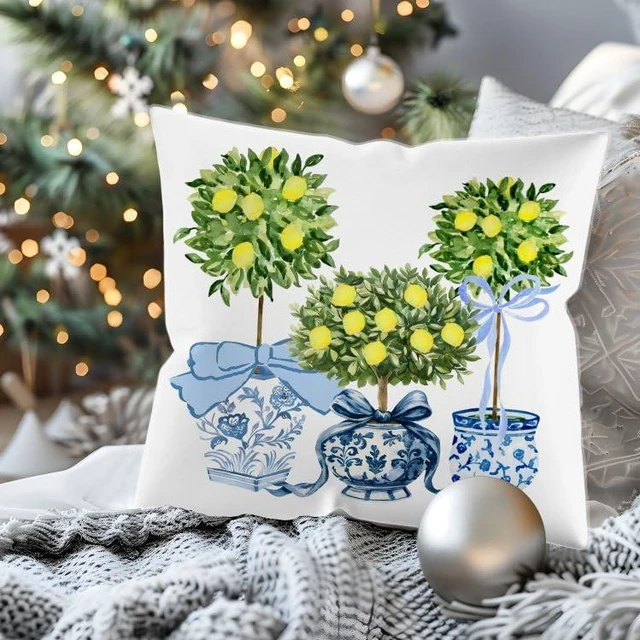 Alt view image 6 of 6 - Amalfi Coast Decor Italy Lemon Coastal Pillow Covers 18x18 Double-Sided,Mediterranean Home Decor,Blue Chinoiserie Bow Lemon Decorative Throw Pillow Covers for Home Bedroom Living Room,Set of 2
