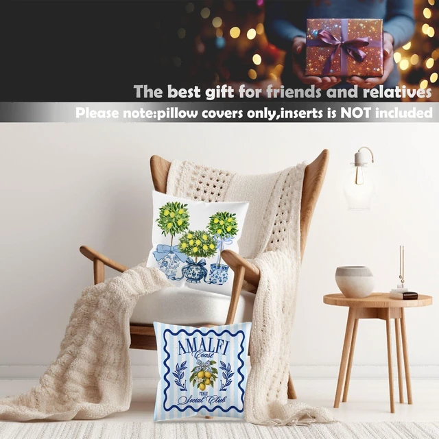 Alt view image 5 of 6 - Amalfi Coast Decor Italy Lemon Coastal Pillow Covers 18x18 Double-Sided,Mediterranean Home Decor,Blue Chinoiserie Bow Lemon Decorative Throw Pillow Covers for Home Bedroom Living Room,Set of 2