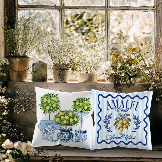 Alt view image 4 of 6 - Amalfi Coast Decor Italy Lemon Coastal Pillow Covers 18x18 Double-Sided,Mediterranean Home Decor,Blue Chinoiserie Bow Lemon Decorative Throw Pillow Covers for Home Bedroom Living Room,Set of 2
