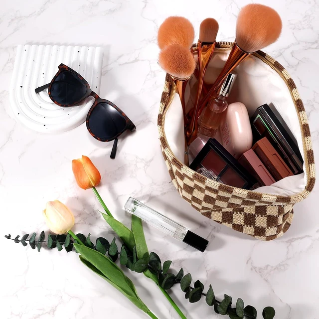 Alt view image 2 of 7 - 2Pcs Checkered Makeup Bag for Women Large Small Checkered Cosmetic Bag Set Aesthetic Preppy Pencil Case Cute Pencil Pouch Brown Makeup Pouch for Purse Travel Toiletry Bags Zipper Skincare Bags