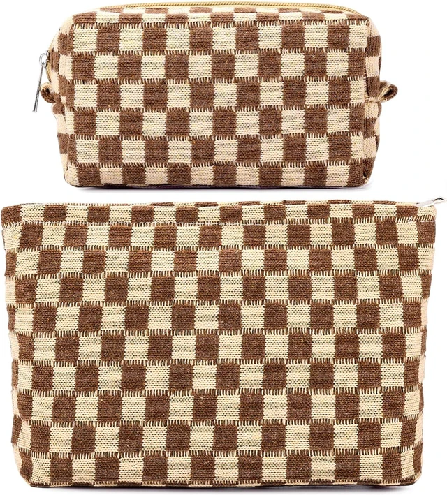 Main image of 2Pcs Checkered Makeup Bag for Women Large Small Checkered Cosmetic Bag Set Aesthetic Preppy Pencil Case Cute Pencil Pouch Brown Makeup Pouch for Purse Travel Toiletry Bags Zipper Skincare Bags