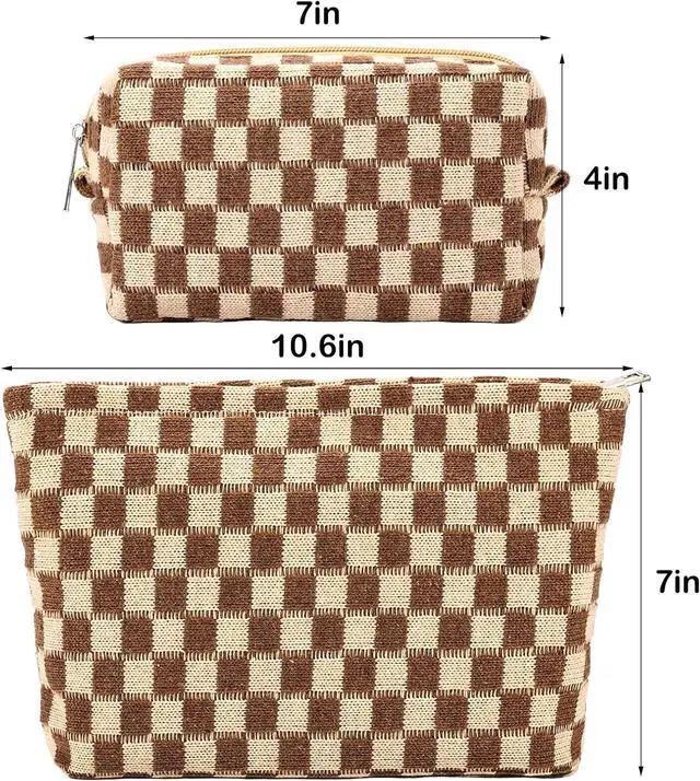Alt view image 4 of 7 - 2Pcs Checkered Makeup Bag for Women Large Small Checkered Cosmetic Bag Set Aesthetic Preppy Pencil Case Cute Pencil Pouch Brown Makeup Pouch for Purse Travel Toiletry Bags Zipper Skincare Bags