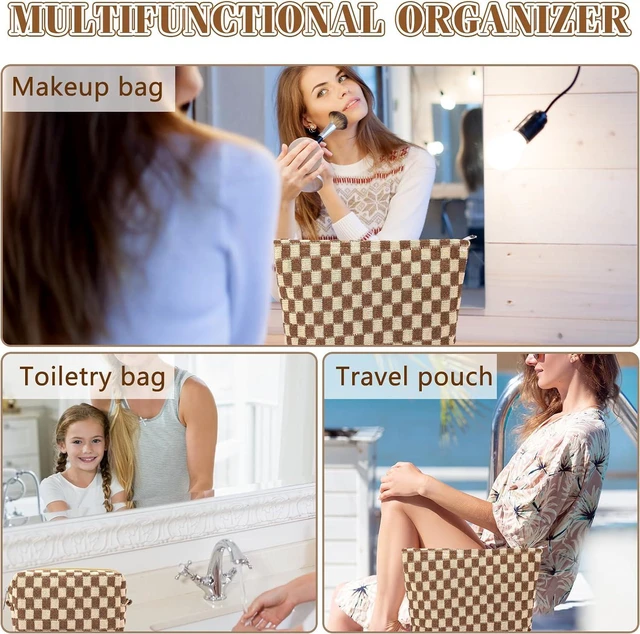 Alt view image 3 of 7 - 2Pcs Checkered Makeup Bag for Women Large Small Checkered Cosmetic Bag Set Aesthetic Preppy Pencil Case Cute Pencil Pouch Brown Makeup Pouch for Purse Travel Toiletry Bags Zipper Skincare Bags