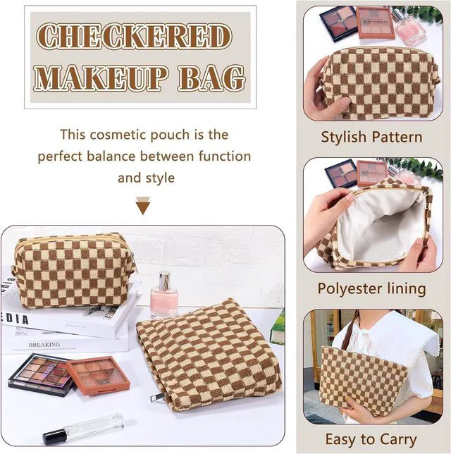 Alt view image 6 of 7 - 2Pcs Checkered Makeup Bag for Women Large Small Checkered Cosmetic Bag Set Aesthetic Preppy Pencil Case Cute Pencil Pouch Brown Makeup Pouch for Purse Travel Toiletry Bags Zipper Skincare Bags
