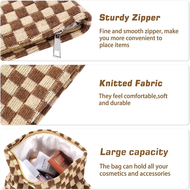Alt view image 5 of 7 - 2Pcs Checkered Makeup Bag for Women Large Small Checkered Cosmetic Bag Set Aesthetic Preppy Pencil Case Cute Pencil Pouch Brown Makeup Pouch for Purse Travel Toiletry Bags Zipper Skincare Bags