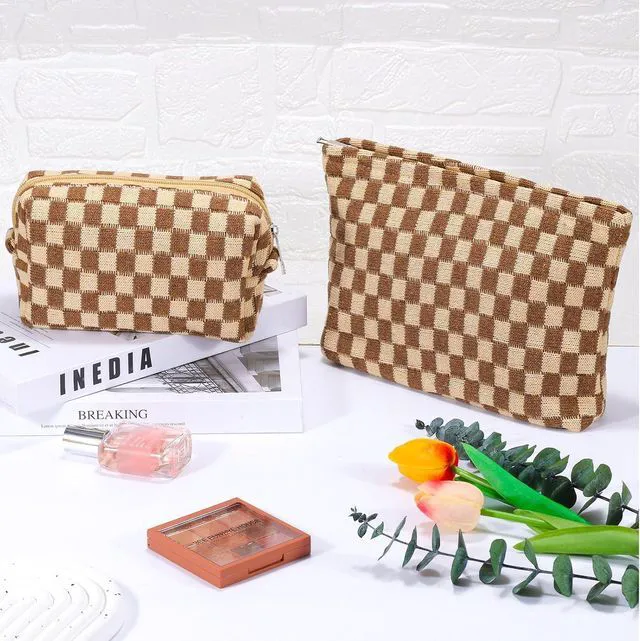 Alt view image 7 of 7 - 2Pcs Checkered Makeup Bag for Women Large Small Checkered Cosmetic Bag Set Aesthetic Preppy Pencil Case Cute Pencil Pouch Brown Makeup Pouch for Purse Travel Toiletry Bags Zipper Skincare Bags