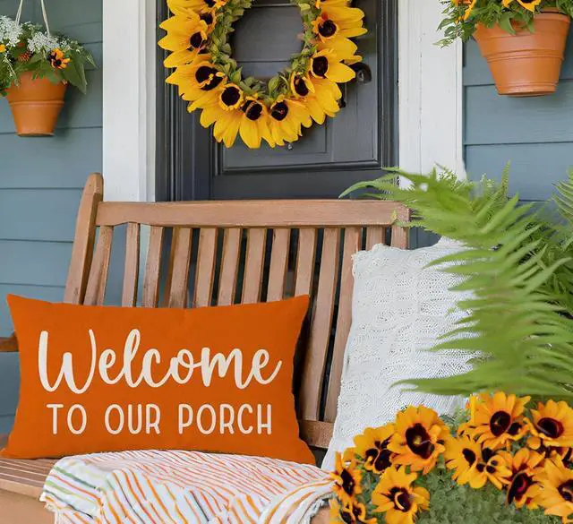 Alt view image 2 of 7 - Farmhouse Throw Pillow Covers 12x20 Welcome to Our Porch, Orange