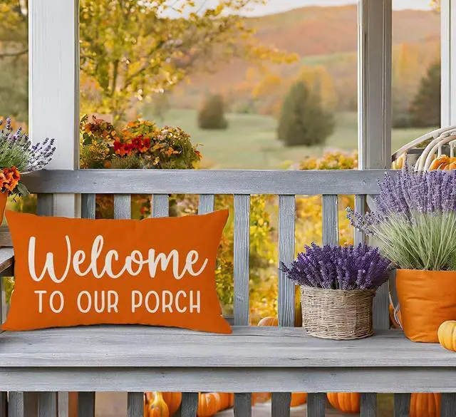 Alt view image 3 of 7 - Farmhouse Throw Pillow Covers 12x20 Welcome to Our Porch, Orange