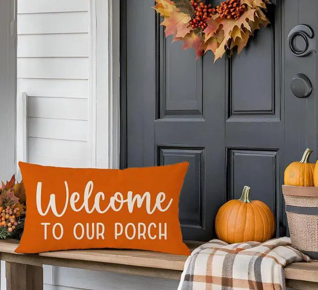 Alt view image 6 of 7 - Farmhouse Throw Pillow Covers 12x20 Welcome to Our Porch, Orange