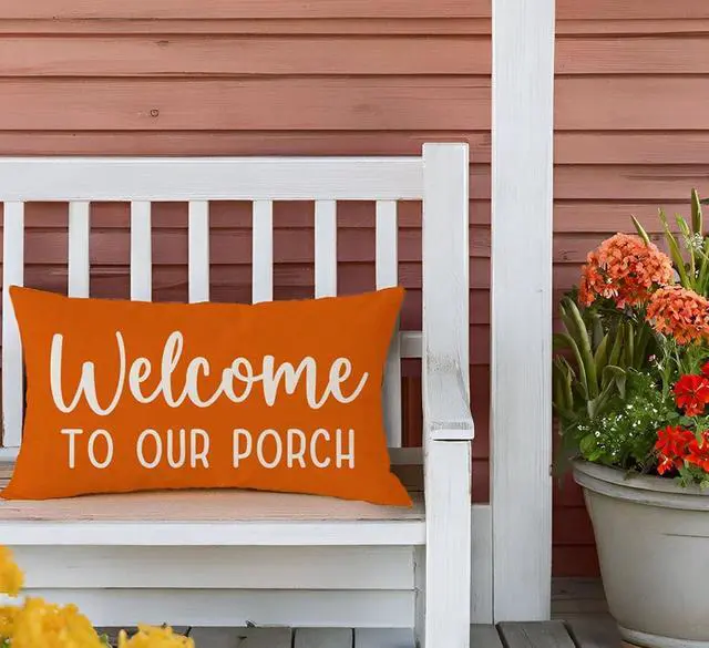 Alt view image 7 of 7 - Farmhouse Throw Pillow Covers 12x20 Welcome to Our Porch, Orange