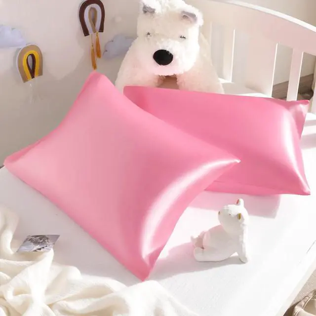 Main image of Silk Satin Toddler Pillowcases, Small Pillow Case Pillow Cover 14x20 Inches with Envelope Closure, Soft and Silky Cooling Travel Pillow Covers for Nursery, Kids, Boys and Girls, Pink, 2 Pack