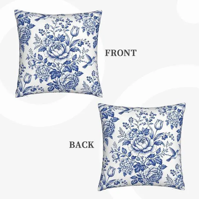 Alt view image 2 of 7 - Blue White Chinoiserie Floral Throw Pillow Covers 18x18 Set of 2 Farmhouse Decorative Cushion Cases Home Decor