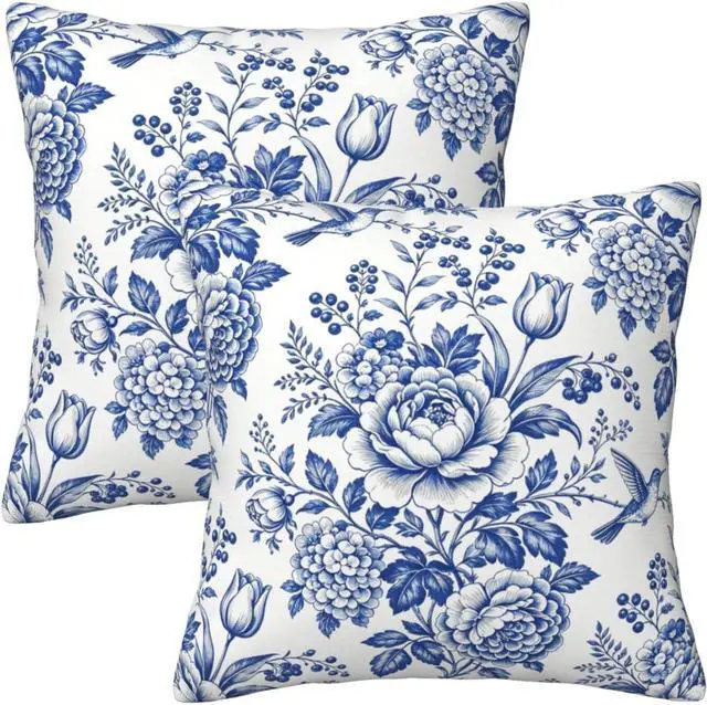 Main image of Blue White Chinoiserie Floral Throw Pillow Covers 18x18 Set of 2 Farmhouse Decorative Cushion Cases Home Decor