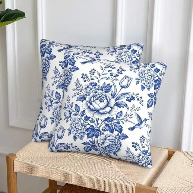 Alt view image 3 of 7 - Blue White Chinoiserie Floral Throw Pillow Covers 18x18 Set of 2 Farmhouse Decorative Cushion Cases Home Decor
