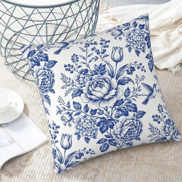 Alt view image 4 of 7 - Blue White Chinoiserie Floral Throw Pillow Covers 18x18 Set of 2 Farmhouse Decorative Cushion Cases Home Decor