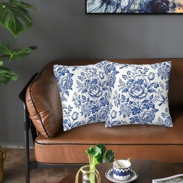 Alt view image 5 of 7 - Blue White Chinoiserie Floral Throw Pillow Covers 18x18 Set of 2 Farmhouse Decorative Cushion Cases Home Decor