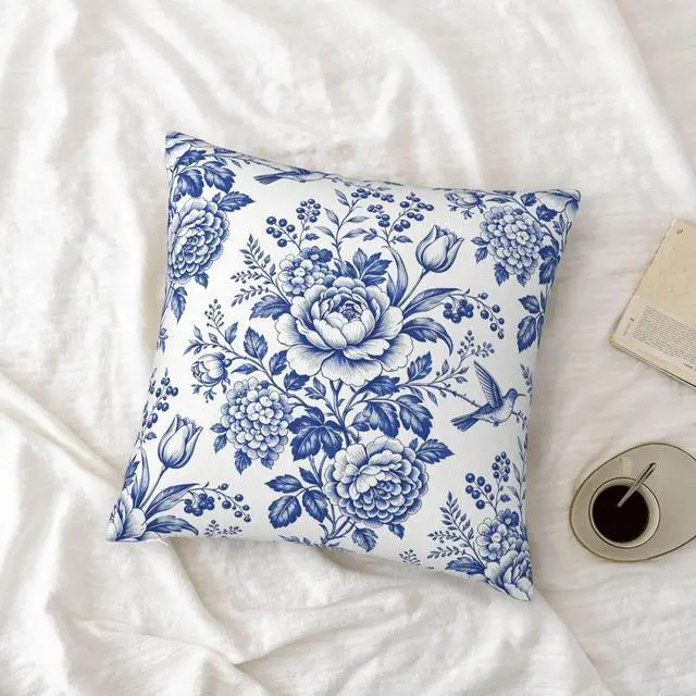 Alt view image 7 of 7 - Blue White Chinoiserie Floral Throw Pillow Covers 18x18 Set of 2 Farmhouse Decorative Cushion Cases Home Decor