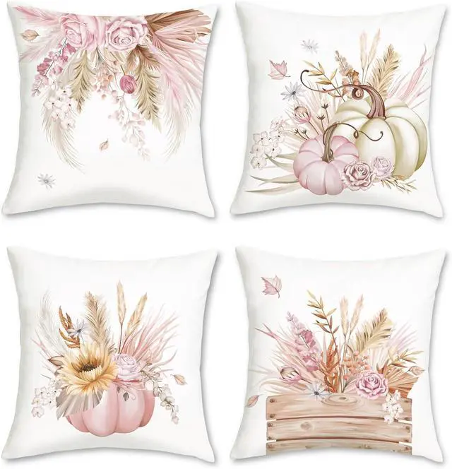 Main image of Pink Pumpkin Fall Throw Pillow Covers 18 x 18 Inch Autumn Floral