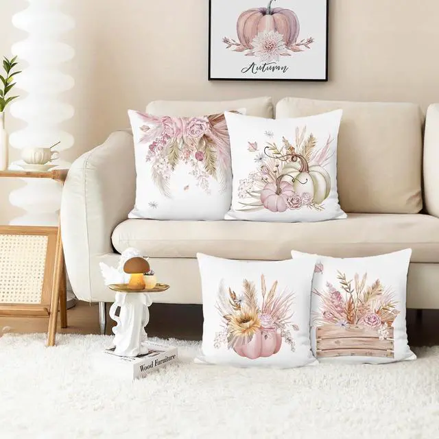 Alt view image 2 of 6 - Pink Pumpkin Fall Throw Pillow Covers 18 x 18 Inch Autumn Floral