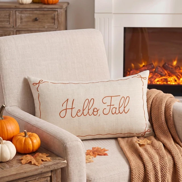 Alt view image 5 of 7 - Embroidered Fall Pillow Covers 12x20, Hello Fall Decor Farmhouse Autumn Thanksgiving Decorative Lumbar Pillow Case Decorations for Couch Sofa Living Room Bedroom Porch, Beige
