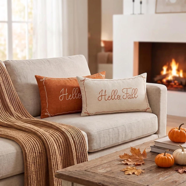 Alt view image 6 of 7 - Embroidered Fall Pillow Covers 12x20, Hello Fall Decor Farmhouse Autumn Thanksgiving Decorative Lumbar Pillow Case Decorations for Couch Sofa Living Room Bedroom Porch, Beige