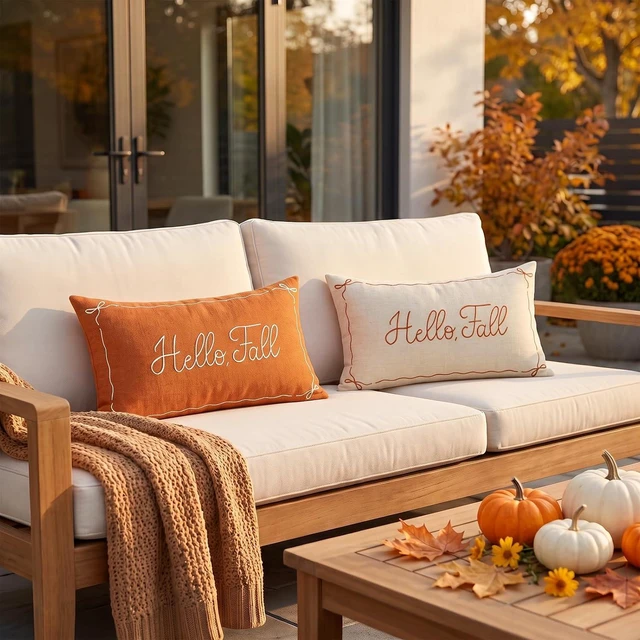 Alt view image 7 of 7 - Embroidered Fall Pillow Covers 12x20, Hello Fall Decor Farmhouse Autumn Thanksgiving Decorative Lumbar Pillow Case Decorations for Couch Sofa Living Room Bedroom Porch, Beige