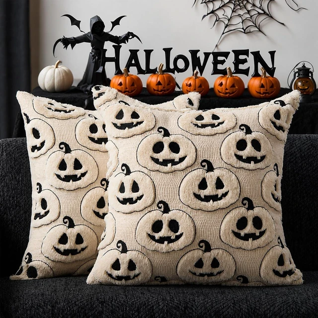 Main image of Fall Halloween Pillow Covers 18x18 Set of 2 Beige-Black Pumpkin Decor