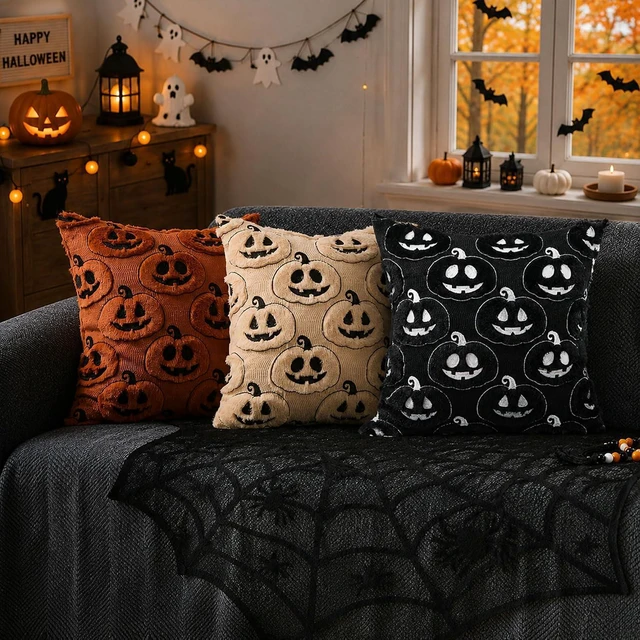 Alt view image 2 of 7 - Fall Halloween Pillow Covers 18x18 Set of 2 Beige-Black Pumpkin Decor