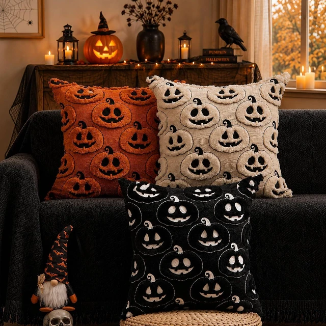 Alt view image 3 of 7 - Fall Halloween Pillow Covers 18x18 Set of 2 Beige-Black Pumpkin Decor