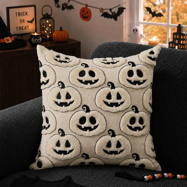 Alt view image 6 of 7 - Fall Halloween Pillow Covers 18x18 Set of 2 Beige-Black Pumpkin Decor