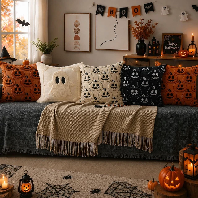Alt view image 7 of 7 - Fall Halloween Pillow Covers 18x18 Set of 2 Beige-Black Pumpkin Decor