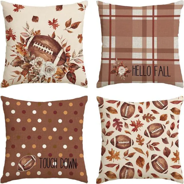 Main image of Hello Fall Football Touch Down Throw Pillow Covers, 18 x 18 Inch Autumn Maple Leaf Flowers Thanksgiving Harvest Decorations for Sofa Couch Set of 4