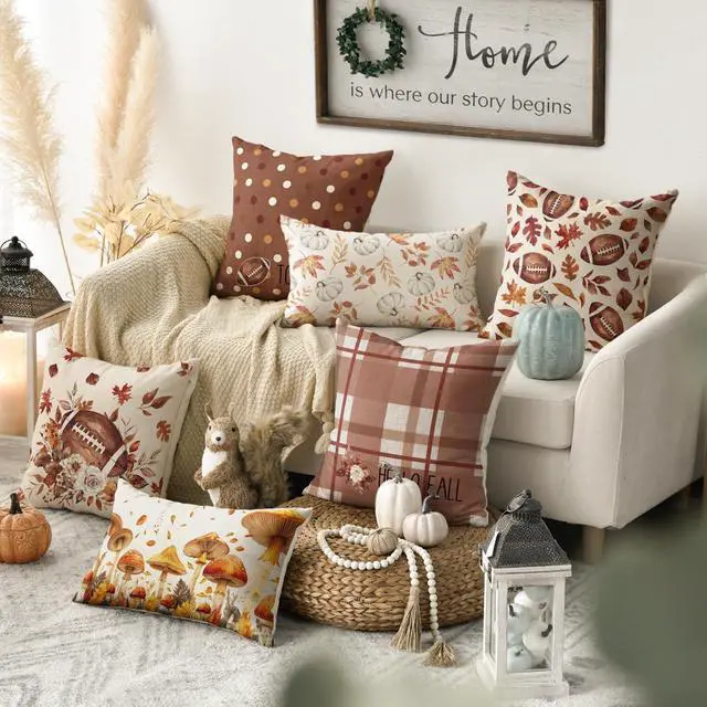 Alt view image 2 of 7 - Hello Fall Football Touch Down Throw Pillow Covers, 18 x 18 Inch Autumn Maple Leaf Flowers Thanksgiving Harvest Decorations for Sofa Couch Set of 4