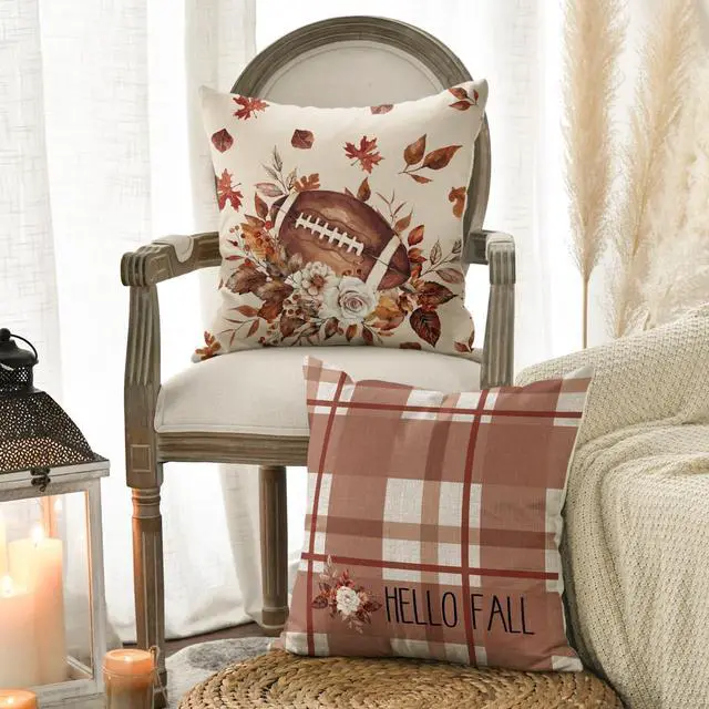 Alt view image 3 of 7 - Hello Fall Football Touch Down Throw Pillow Covers, 18 x 18 Inch Autumn Maple Leaf Flowers Thanksgiving Harvest Decorations for Sofa Couch Set of 4