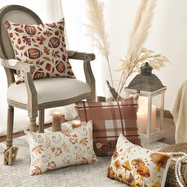 Alt view image 4 of 7 - Hello Fall Football Touch Down Throw Pillow Covers, 18 x 18 Inch Autumn Maple Leaf Flowers Thanksgiving Harvest Decorations for Sofa Couch Set of 4