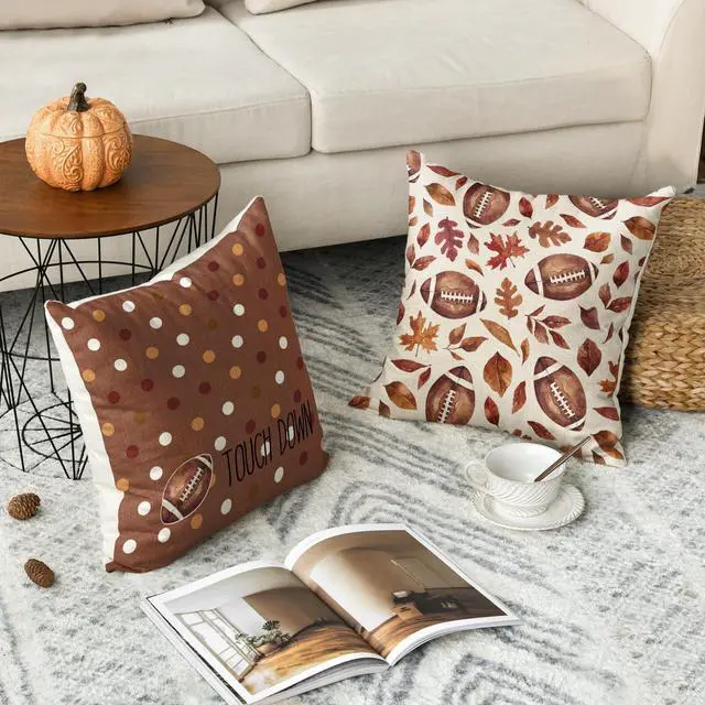 Alt view image 5 of 7 - Hello Fall Football Touch Down Throw Pillow Covers, 18 x 18 Inch Autumn Maple Leaf Flowers Thanksgiving Harvest Decorations for Sofa Couch Set of 4