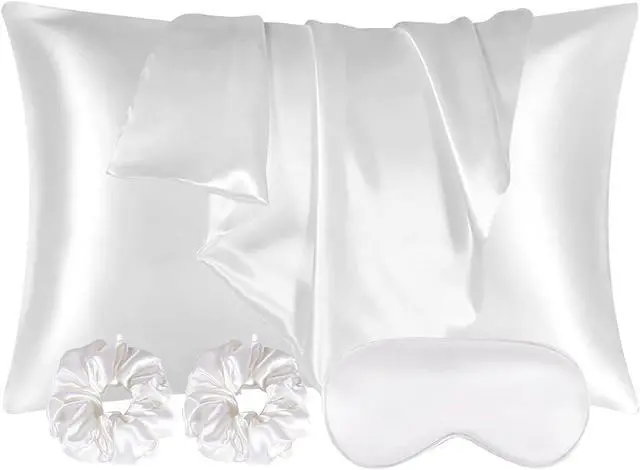 Main image of 2 Pack Satin Silk Pillowcase, 15.75x31.50inches Silk Pillowcases for Hair and Skin with 2PCS Satin Hair Scrunchies&Eye Mask, Soft Slip Beauty Sleep Satin Pillowcase, Gifts for Women Men(White)