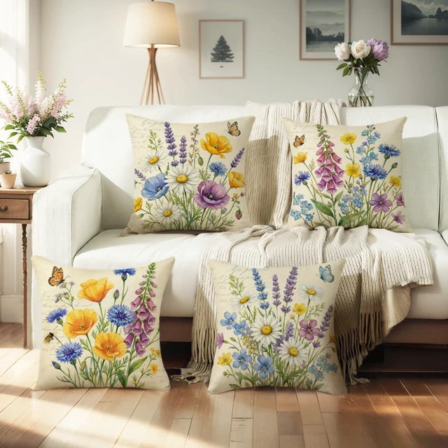 Alt view image 2 of 7 - Throw Pillow Covers 18x18 Set of 4 Spring Pillow Covers Linen Flower Farmhouse Cushion Case for Sofa Couch Living Room Outdoor Home Decor