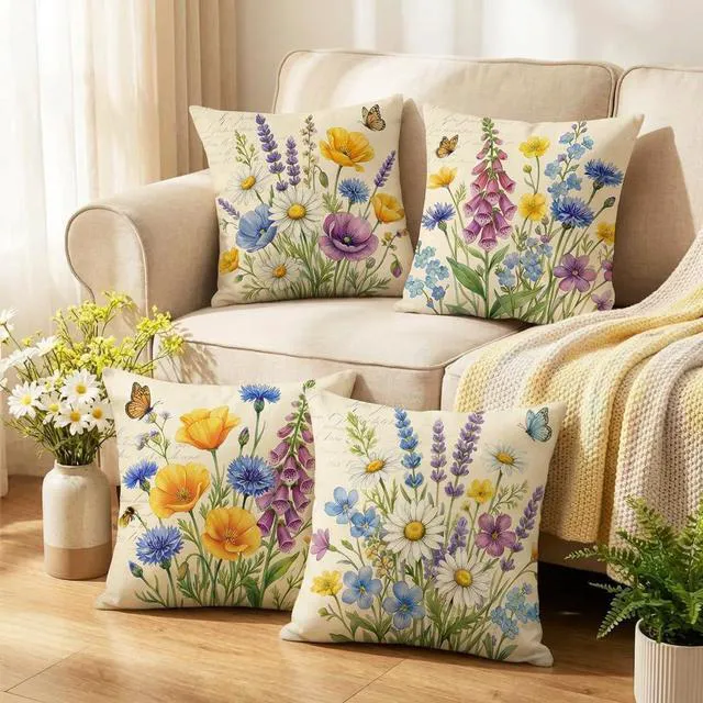 Alt view image 3 of 7 - Throw Pillow Covers 18x18 Set of 4 Spring Pillow Covers Linen Flower Farmhouse Cushion Case for Sofa Couch Living Room Outdoor Home Decor