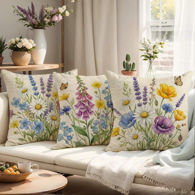 Alt view image 4 of 7 - Throw Pillow Covers 18x18 Set of 4 Spring Pillow Covers Linen Flower Farmhouse Cushion Case for Sofa Couch Living Room Outdoor Home Decor
