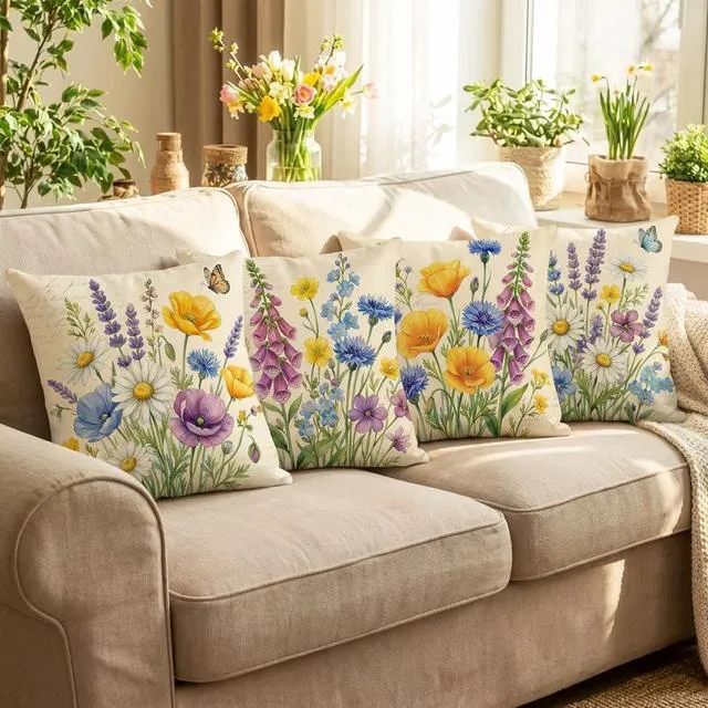 Alt view image 5 of 7 - Throw Pillow Covers 18x18 Set of 4 Spring Pillow Covers Linen Flower Farmhouse Cushion Case for Sofa Couch Living Room Outdoor Home Decor
