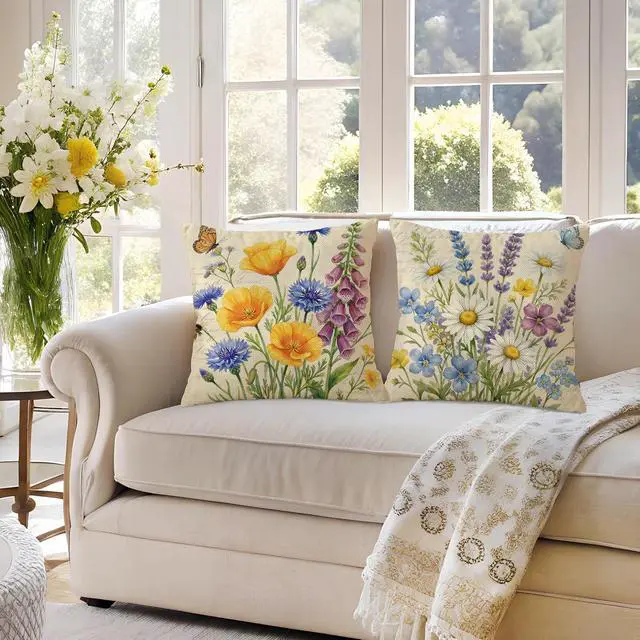 Alt view image 6 of 7 - Throw Pillow Covers 18x18 Set of 4 Spring Pillow Covers Linen Flower Farmhouse Cushion Case for Sofa Couch Living Room Outdoor Home Decor