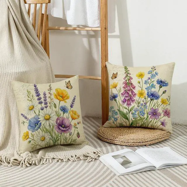 Alt view image 7 of 7 - Throw Pillow Covers 18x18 Set of 4 Spring Pillow Covers Linen Flower Farmhouse Cushion Case for Sofa Couch Living Room Outdoor Home Decor