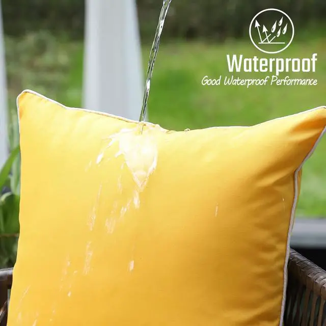 Alt view image 2 of 7 - Mustard Yellow Waterproof Sun Fade Resistant Lumbar Pillow Covers 12x20 Set of 2, Bright Yellow Summer Outdoor Decorative Pillows 20 x 12 for Patio Furniture (with White Piping)